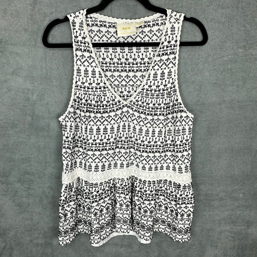 Maeve Top Womens Large Black White Embroidered Peplum Flowy Boho Beachy Loose - Picture 1 of 12